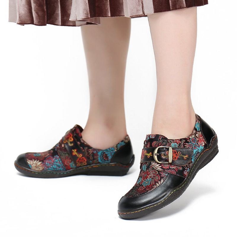 Retro Blomster Broderi Skinn Preget Plomme Blossom Spenne Slip On Flat Sko
