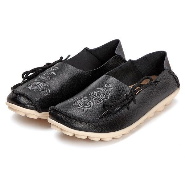 Stor Størrelse Rose Brodert Rund Toe Dame Uformelle Myke Flat Loafers